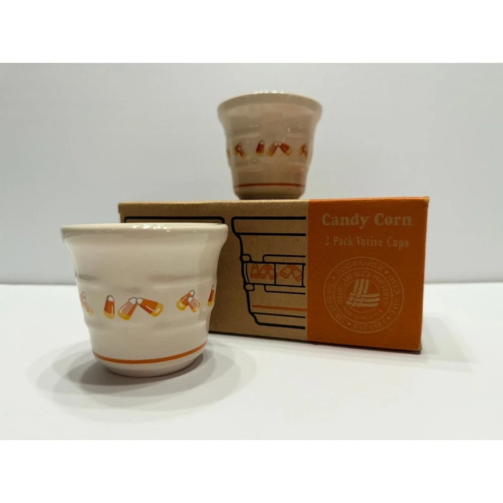 Longaberger Pottery Candy Corn 2 Pack Votive Cups Halloween Decor 37508 USA Made